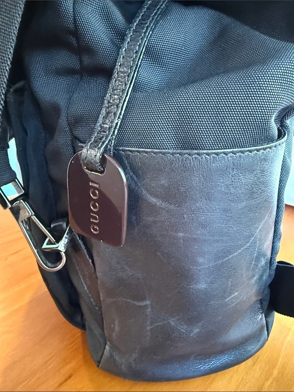 Vintage Gucci Black Nylon Leather Drawstring Backpack